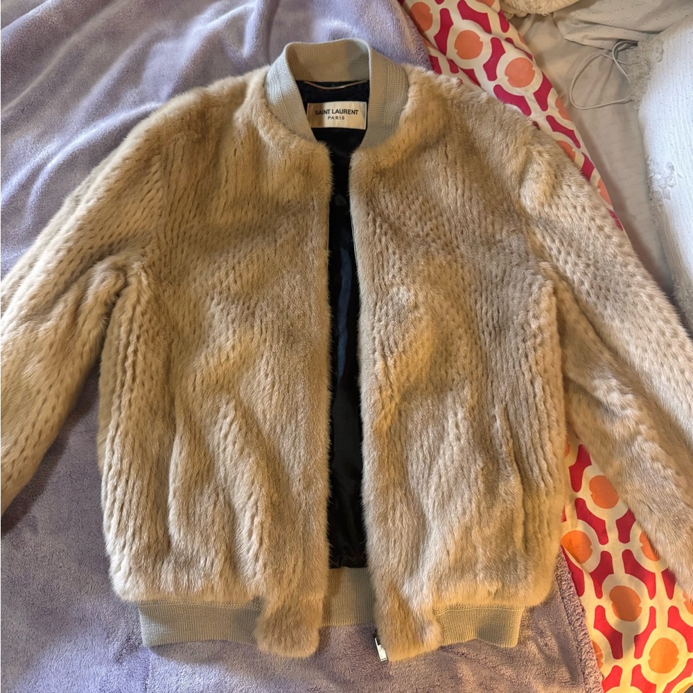Saint Laurent Men’s Beige Fur Bomber Jacket